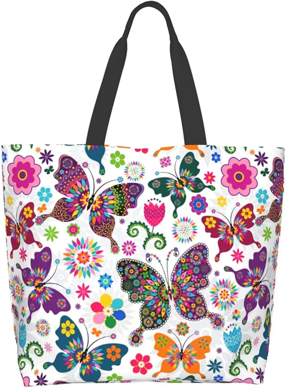 Butterfly Pattern Tote Bag Large Shoulder Bag Casual Reusable Handbag for Women Shopping Grocery Work