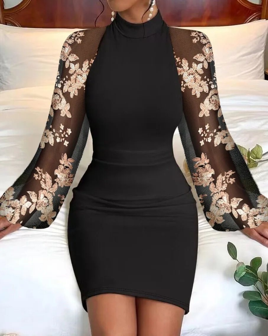 

Women's Sequin Floral Print Lantern Sleeve Mini Dress Casual Women's Clothing Mock Collar Long Sleeved Skinny Daily Dress