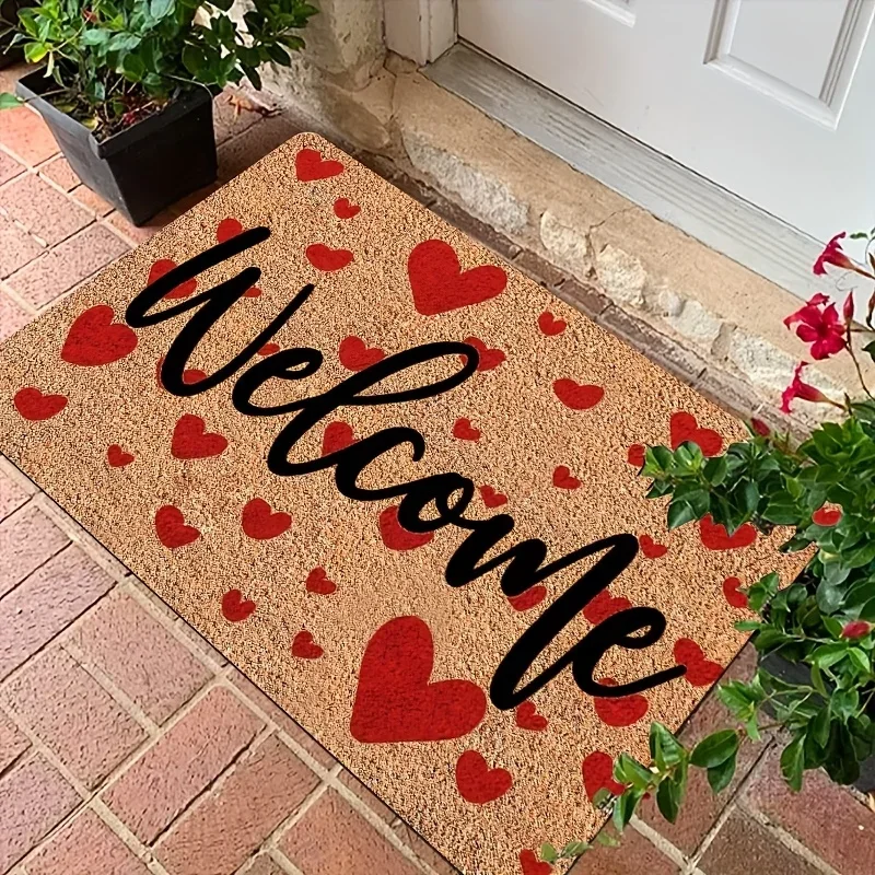 Alfombra de entrada de 1 Uds., bienvenido a casa, alfombra estampada con patrón de elementos de corazón, alfombra antideslizante de poliéster, alfombra de entrada, alfombra