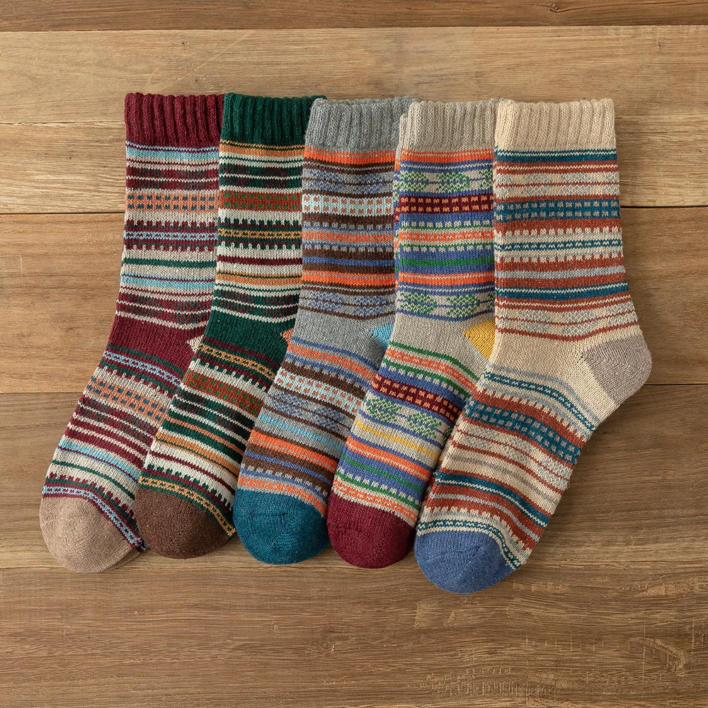 5 par Skarpety damskie Jesień Zima Śnieg Zagęszczone Termiczne Ciepłe Folk-custom Retro Nordic Style Wełniane Skarpety Prezent Świąteczny