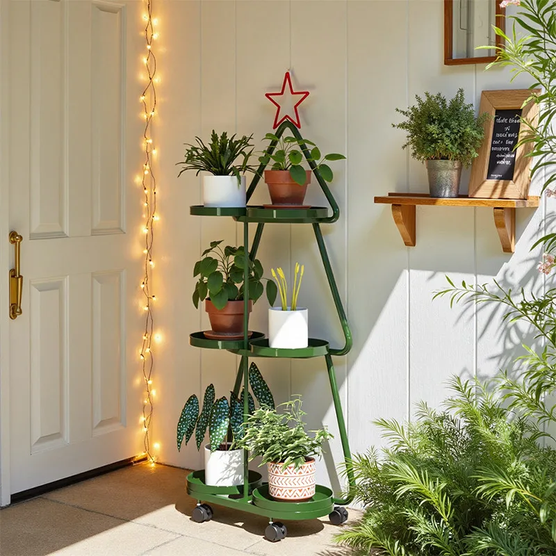 Christmas Tree Shape Plant Stand Tiered Iron Shelf for Indoor Plants Rolling Multi-Tier Storage Rack, Space Saving Display Stand