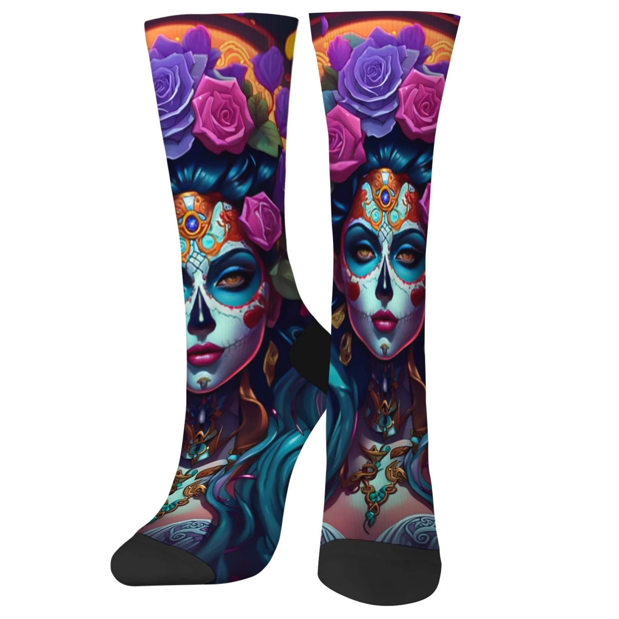Day of The Dead Style Female Image Crew Socks with Sugar Skull Makeup & Rose Decoration Festive Cultural Celebrations Gift