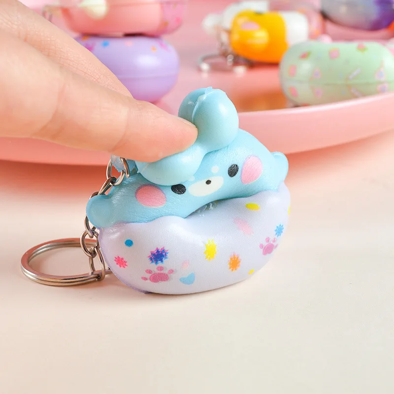 2PC Cartoon Animal PU Doughnut Squeeze Toy Keychain Pendant Soft Cute Doughnut Slow Rebound Decompression Pinch Toys Gifts