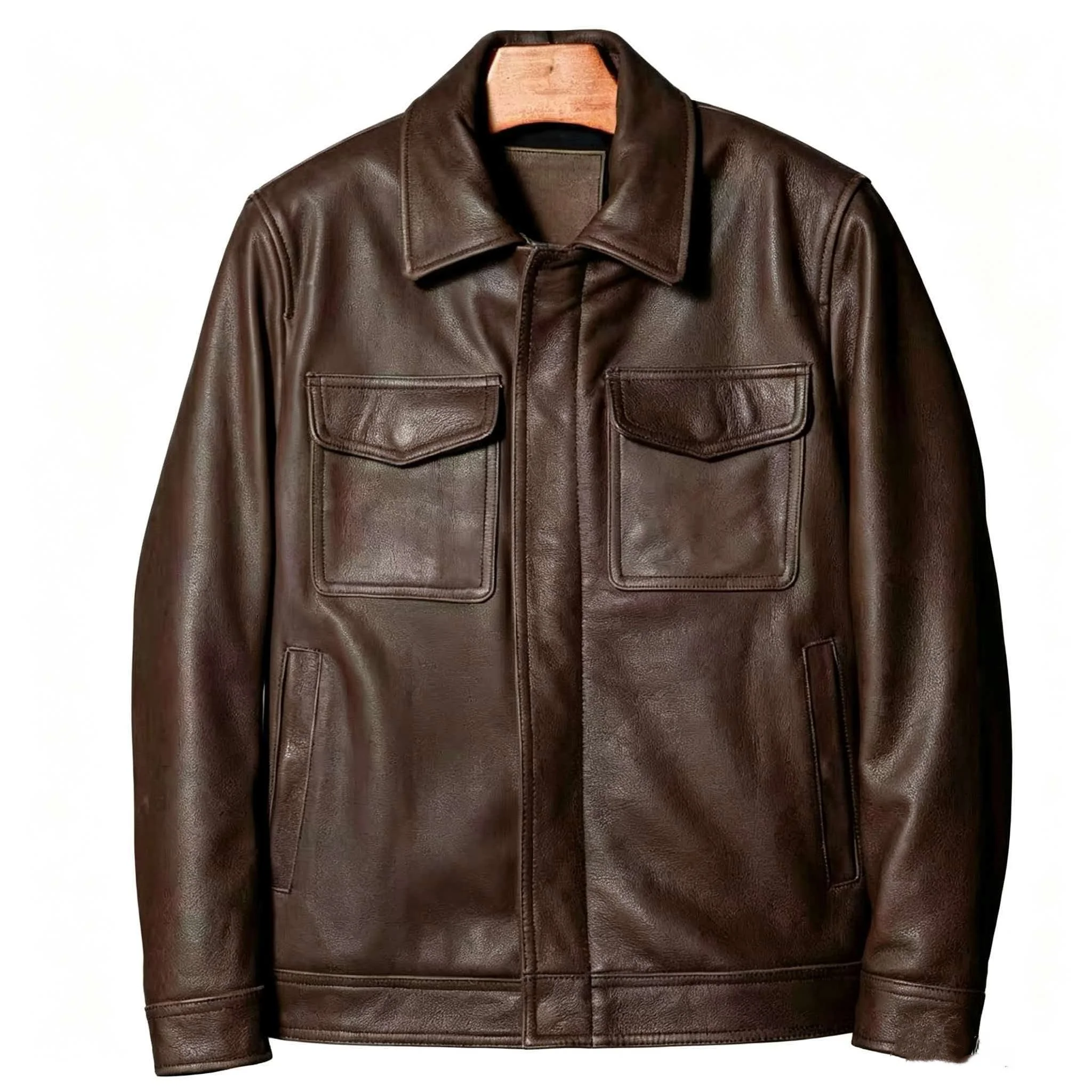 Men's Thick Pebbled Cow Leather Coat Spread Collar Concealed Zip 2 Snap Flap Pockets 2 Slash Pockets Warm Lined Utility Jacket