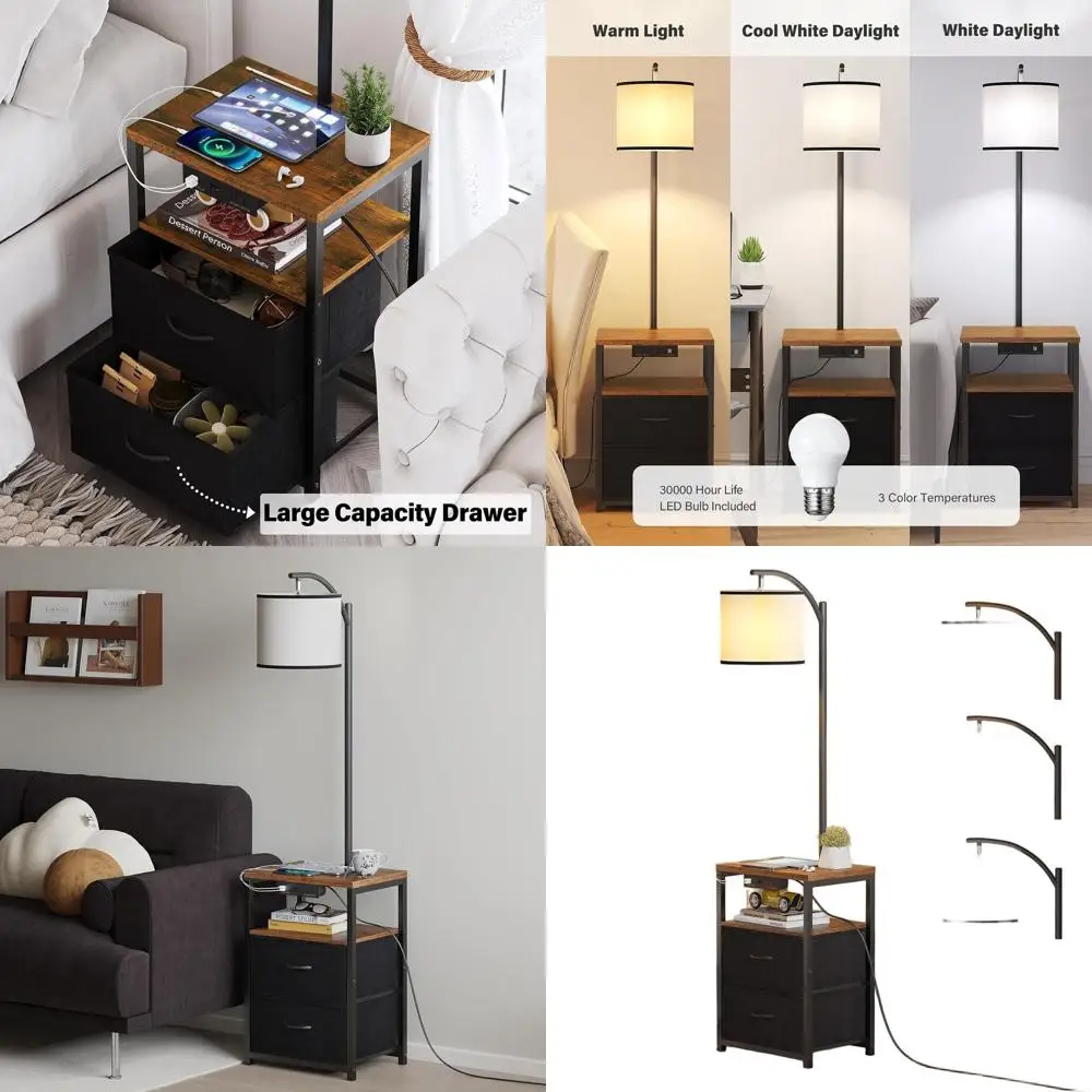 

SUNMORY Floor Lamp with Table & 2 Drawers, Lamp with USB Port and Outlet, Nightstand with 3 Color Temperature Led Bulb Included,