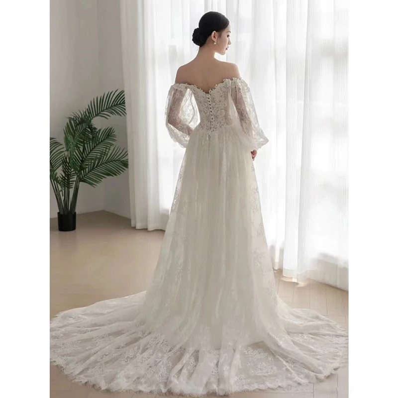 Vestido De novia De encaje con hombros descubiertos, manga abullonada De sirena, corsé, fajas De lazo, novedad De 2022