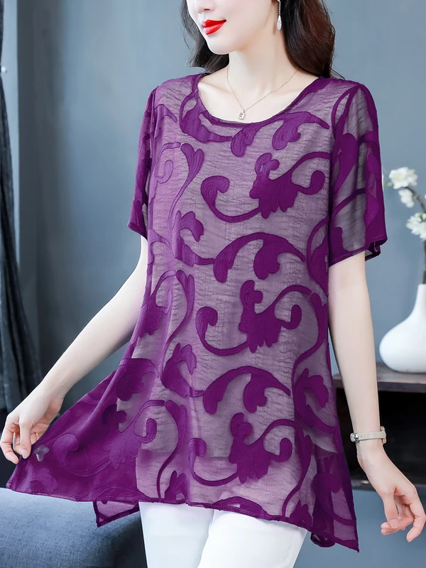

Summer Large Size Printed Chiffon Top Women's Short Sleeve Loose Mid-Length Mommy Belly Covering Side Slit Casual Fashion