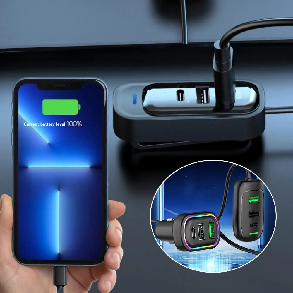 Cargador de coche de extensión delantera y trasera USB tipo C de 6 puertos con luz RGB PD adaptador de corriente de carga rápida para tableta Iphone