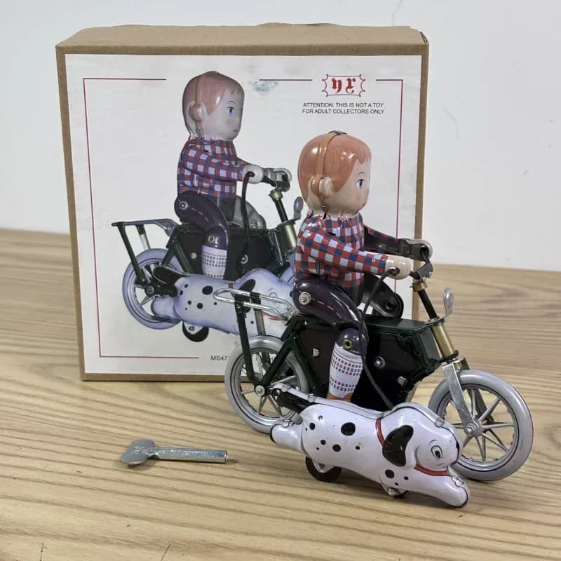 [Divertimento] Collezione per adulti Giocattolo a carica retrò Metallo Tin Il ragazzo camminare il cane da bici moto Figure giocattolo a orologeria modello regalo per bambini