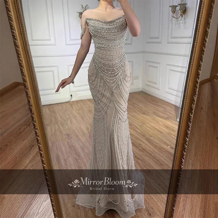 

Champagne Beaded Mermaid Evening Dress Women Off The Shoulder Formal Prom Gown Luxury Lace Wedding Guest Dresses Customized