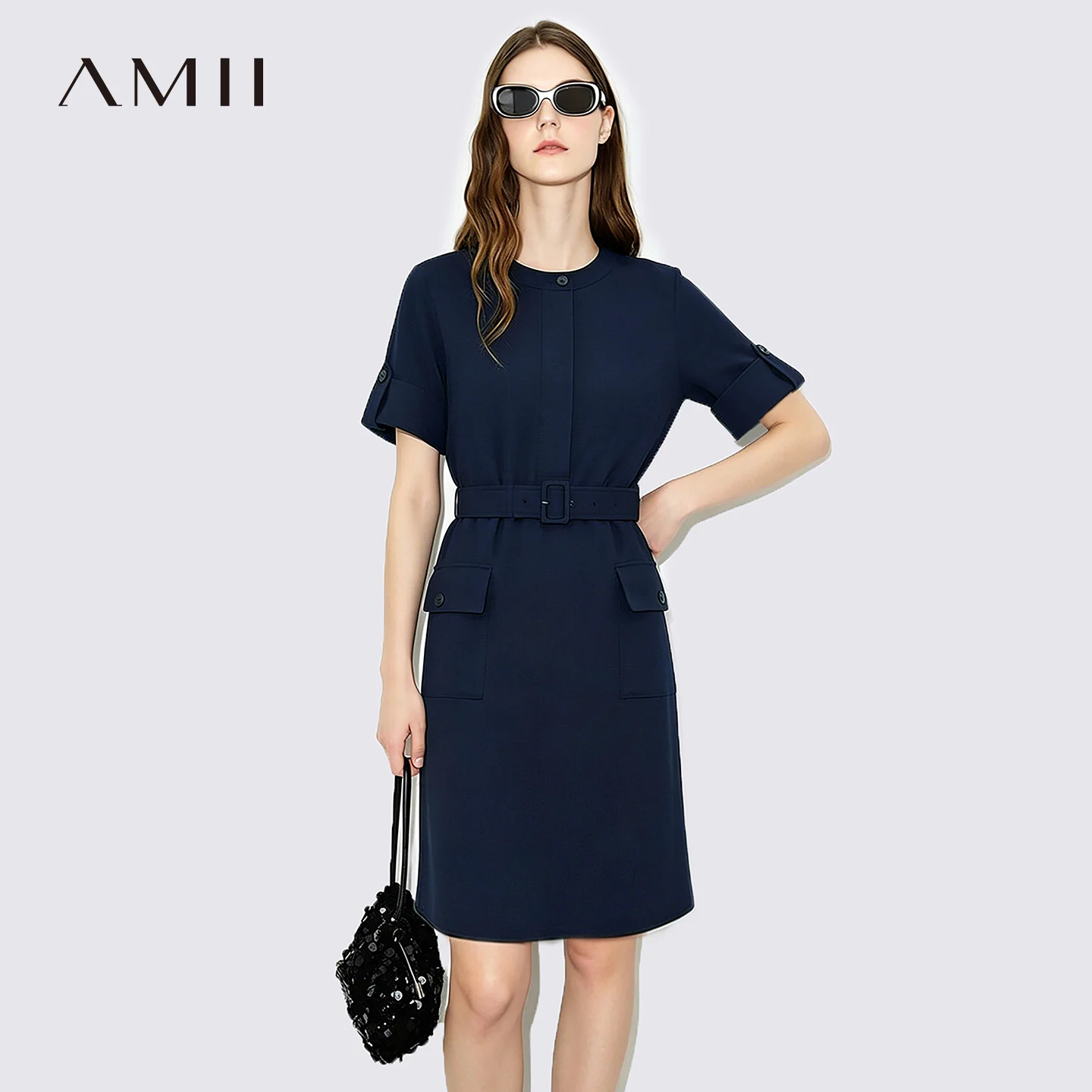 

Amii Women's Dress 2026 Summer Round Neck Dolman Sleeve Belted Wrinkle-Resistant Loose Fit Casual Mini Dress For Women 12652039