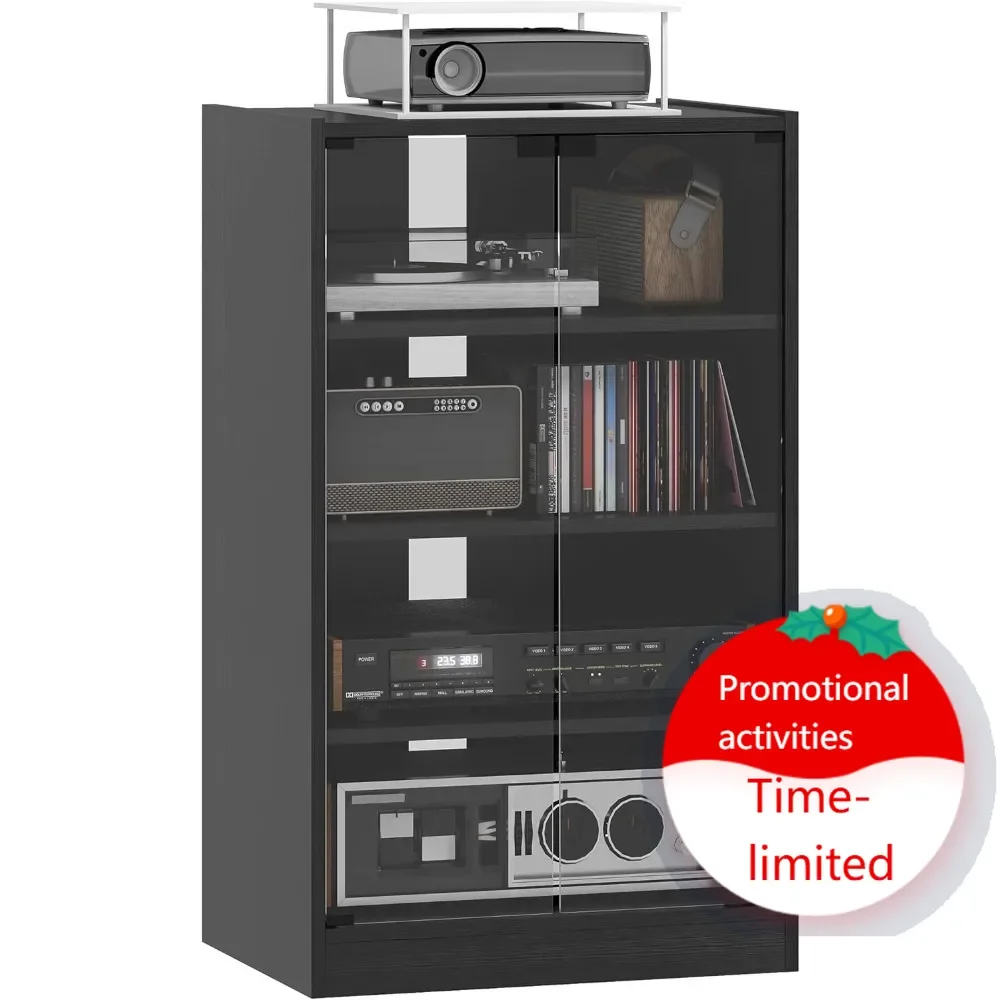 

media cabinet, 4-tier stereo cabinet, record player stand with vinyl record storage, adjustable shelves, tempered glass doors a