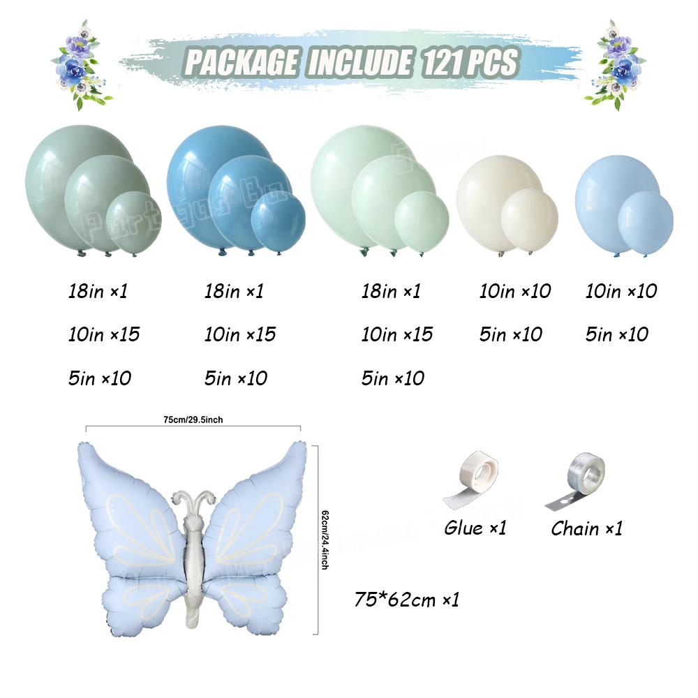 

121Pcs Dusty Blue Green Balloon Arch Kit Butterfly Foil Balloon Baby In Bloom Baby Shower Supplies Floral Garden Tea Party Decor