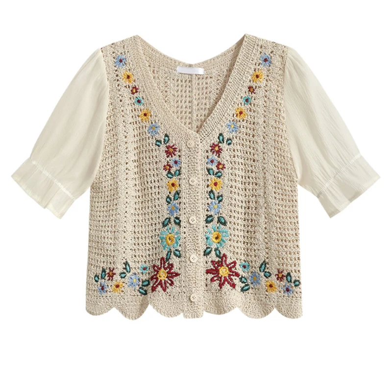 Women Crochet Knit Top with Chiffon Sleeve V-Neck Button Up Embroidery Floral Blouse Cardigan Cottagecore Fairycore Outfit