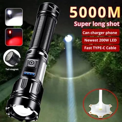 Powerful Long Range LED Flashlight High Lumens Type-C Rechargeable With Side Light Output Power Bank Zoom Linterna Torch Light