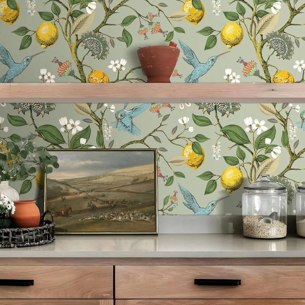 ورق جدران كلاسيكي قابل للتقشير واللصق باللون الأخضر المريمية مع الطيور والزهور والليمون الذهبي والأشجار للمطبخ، طراز بوهيمي