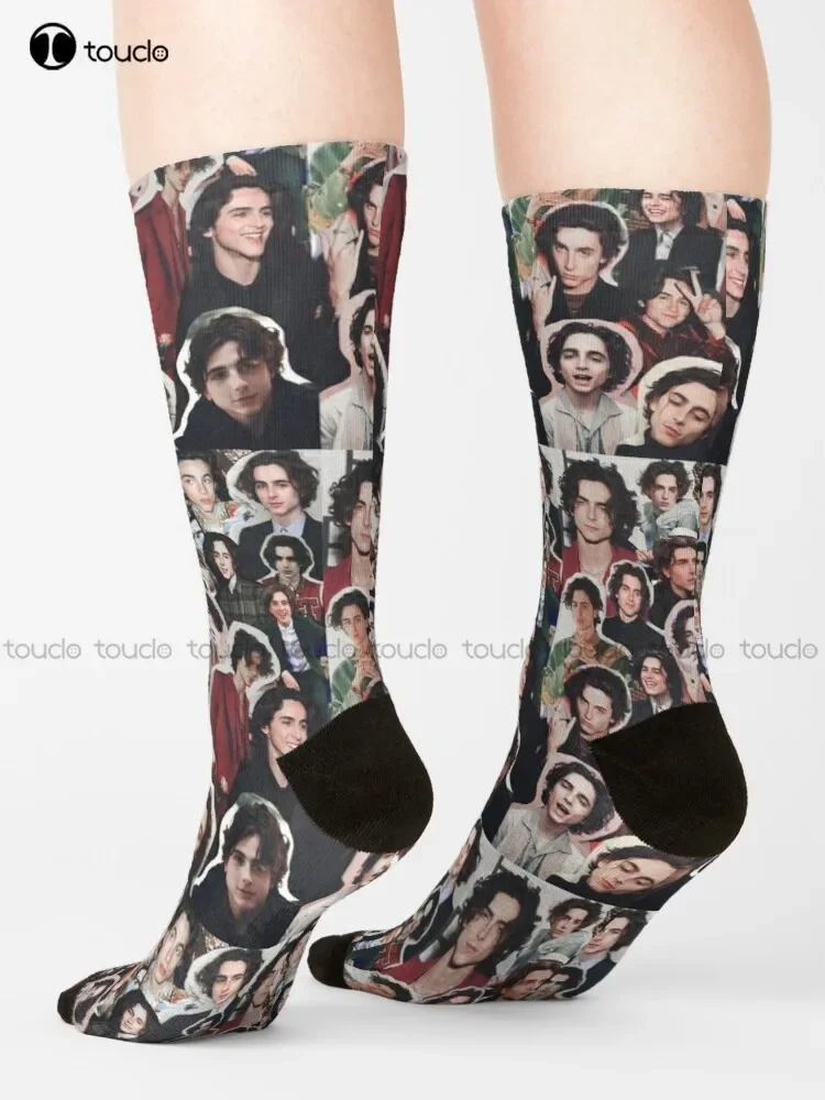 Timothée Chalamet Collage Timothee Chalamet Edit Socks Orange Socks Cartoon Street Skateboard Socks 360° Digital Print Harajuku