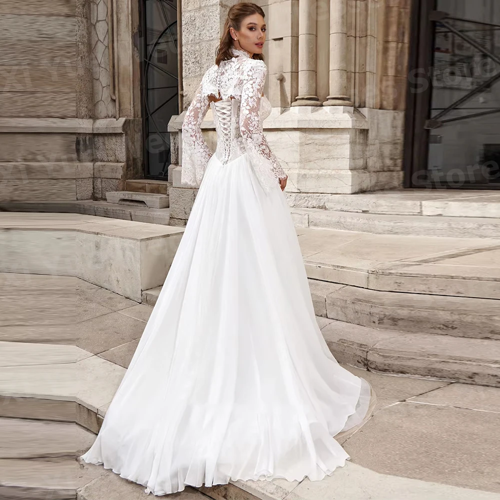 Fascinating A Line Women's Long Sleeved High Neck Wedding Dresses Vestido De Novia Lace Bride Gowns Customized Robe De Mariée