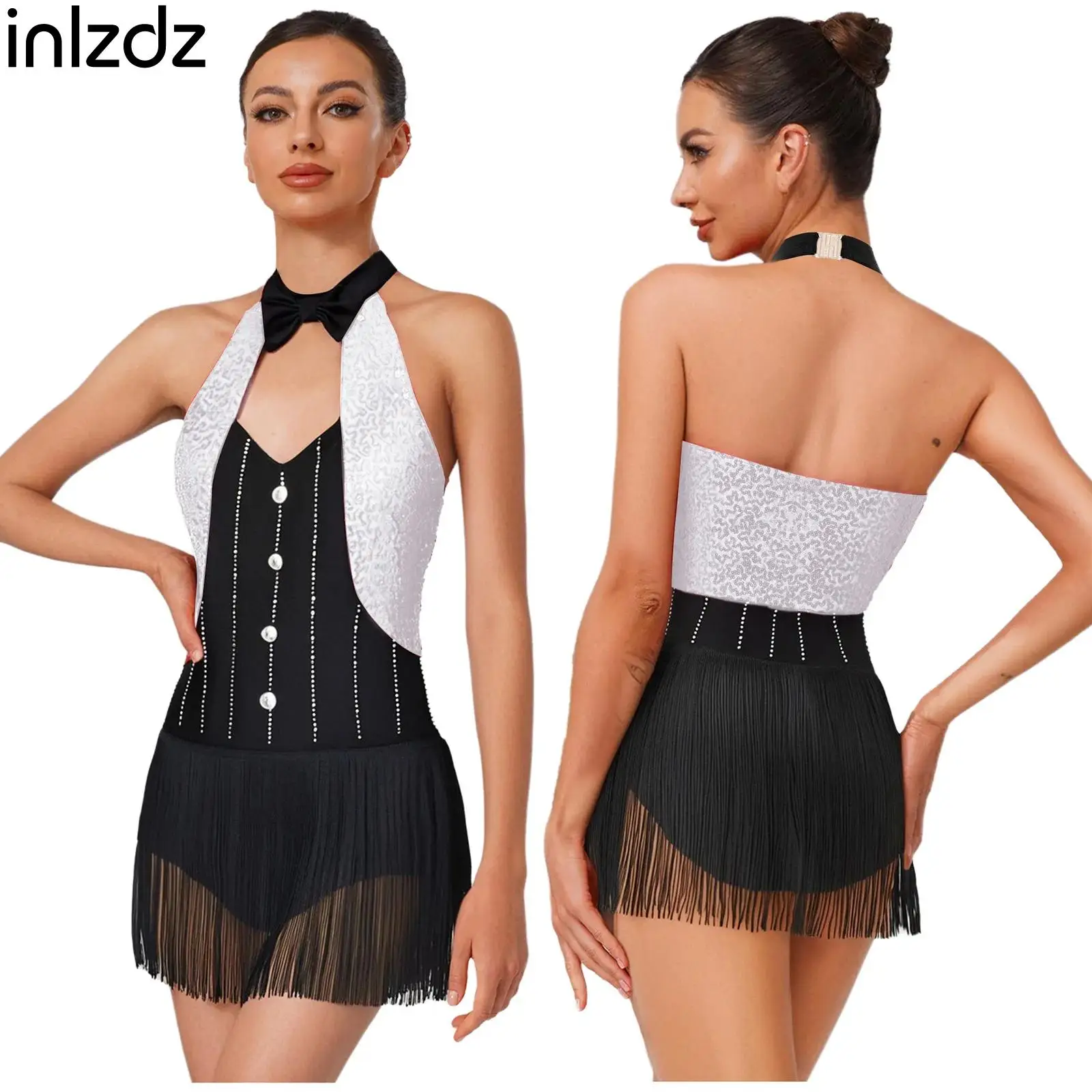 

Womens Latin Jazz Dance Leotard Sequins Tassel Bodysuit Halter Bow Tie Fringe Jumpsuit Dancewear for Cha-cha Samba Performance