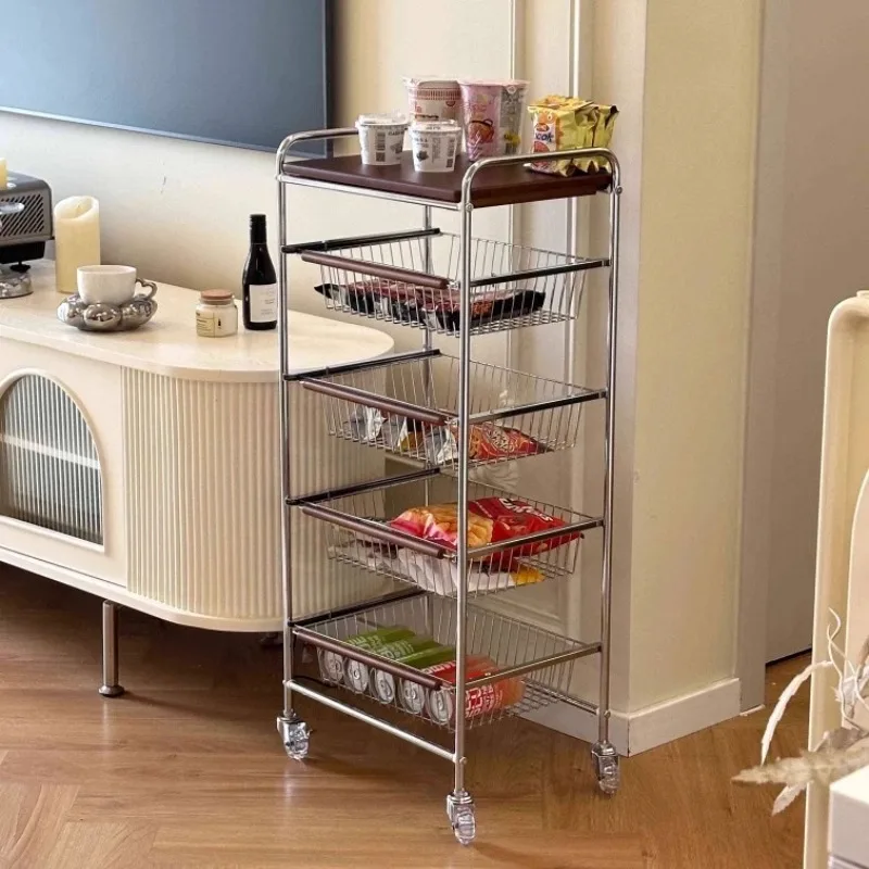 Trolley Storage Rack Portable Movable Organize Rack Multifunctional Pull-out Pulley Storage Basket Organization Accessories