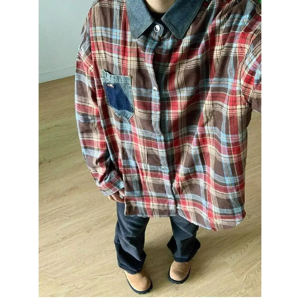 

Retro American Plaid Shirt Men's Spring Autumn New Design Inner Splicing Denim Collar Grid Coat Fashion Urban Style Long Sleeve