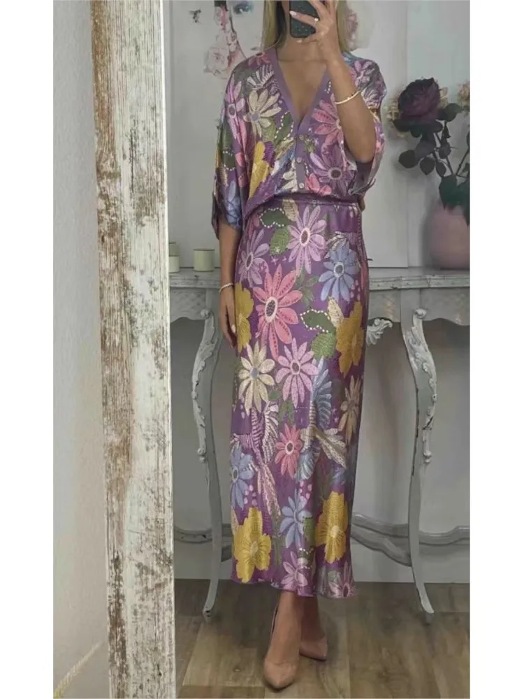 

Spring Fashion Floral Print Satin Two Piece Set Woman Sexy V Neck Button Top & Hips Skirt Outfit Autumn Half Sleeve Office Suits
