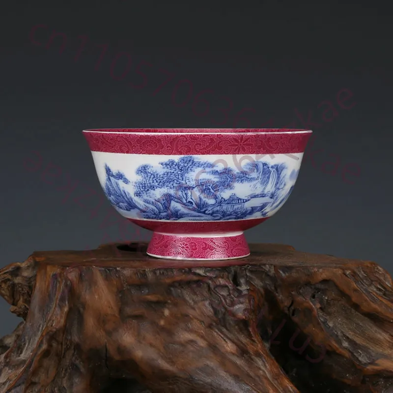 Cuenco de Porcelana Azul y Blanca de Qing Qianlong de 5.1 Pulgadas, Pintado a Mano con Paisaje