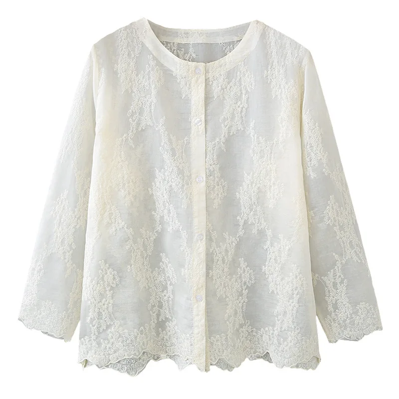 Abrigo de Protección Solar de Lyocell Tallas Grandes Primavera Verano 2026 para Mujer, Blusa Casual con Cuello Redondo y Bordado para Damas Curvy 6610