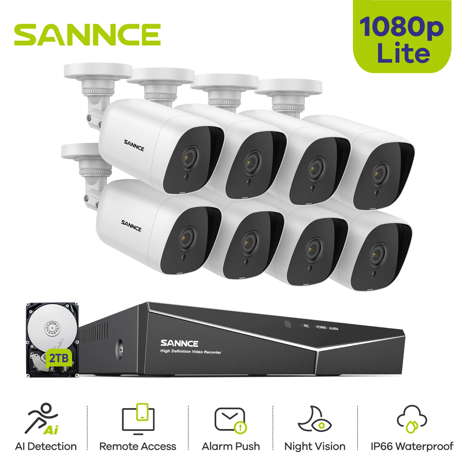 SANNCE-Sistema de Câmera de Vigilância ao Ar Livre, Alarme Visão Noturna, Kit de Proteção Instantânea Segurança, Monitor Remoto à Prova D 'Água, 8CH, 1080P