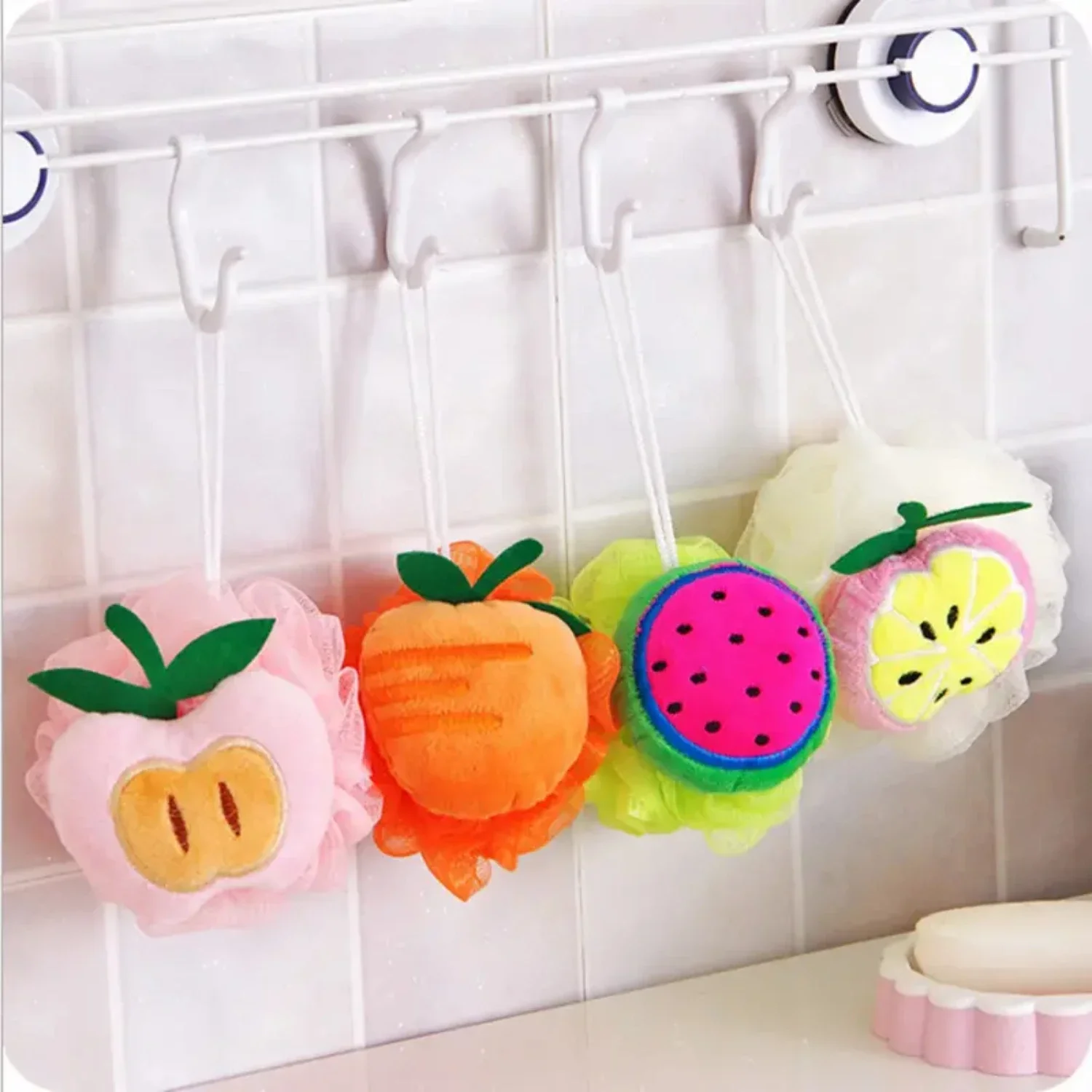 Juego de lufa de baño con estampado de frutas, 3 piezas, esponja de limpieza corporal suave, lufa