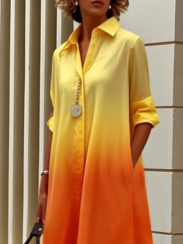 Yeezzi オフィスレディグラデーションカラーラペルシャツドレス女性ファッション長袖ルーズボタンエレガントパーティーイブニングミディドレス