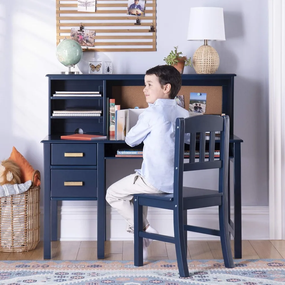 

Taiga Desk and Chair Set with Hutch - Navy: Wooden Computer Workstation with Storage Drawers and Shelves for Kids' Bedroom | St