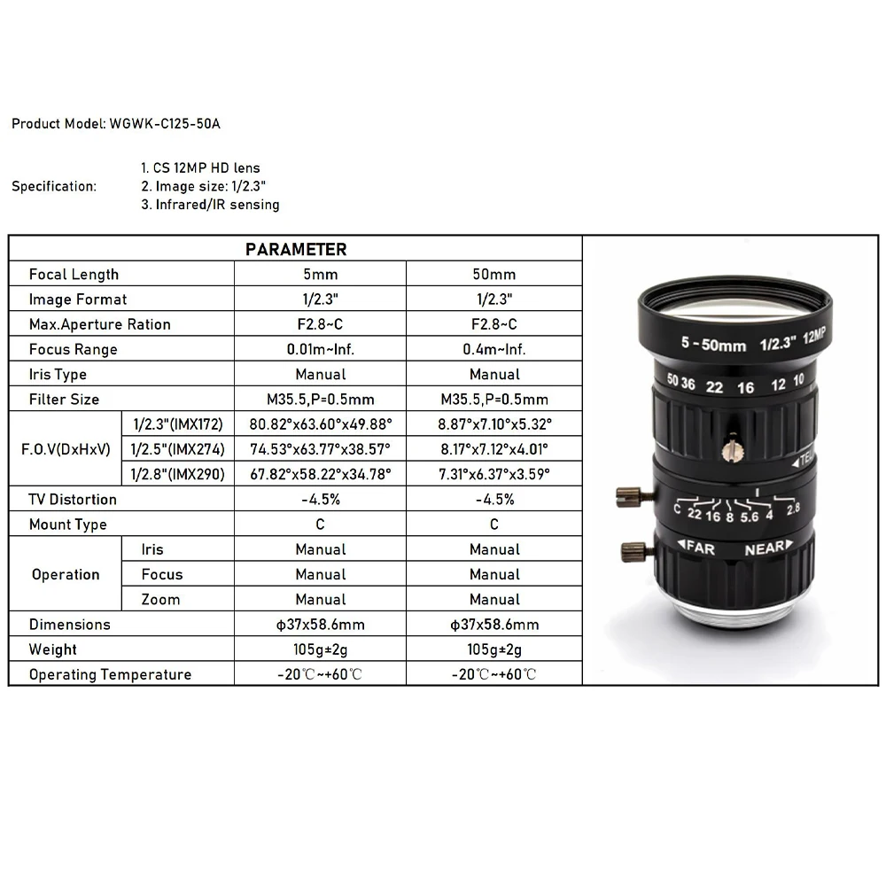 Obiektyw CCTV WGWK 4K 12MP z mocowaniem CS, format 1/1.8", ręczna przysłona, zoom przemysłowy 5-50mm do kamer IP do monitoringu i systemów wizyjnych. — zdjęcie produktu 2