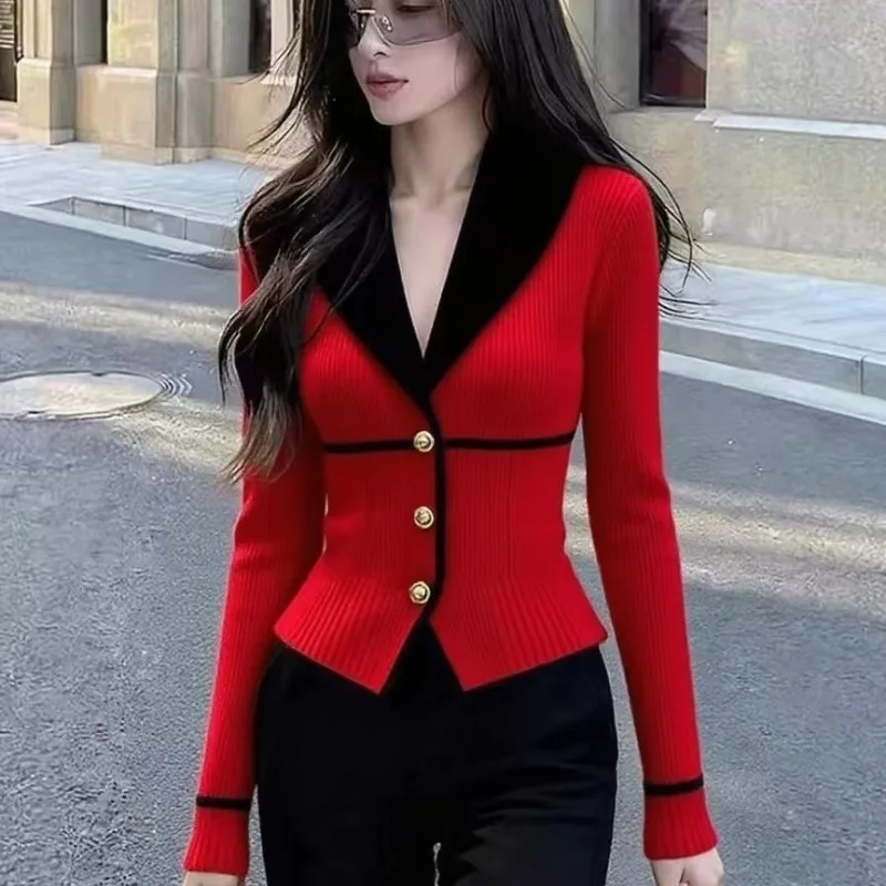 Luxury High-end White Knitted Cardigan Lapel Design Women Clothing Trends Autumn Korean Slim Short Sweater Tops Long Sleeve Coat