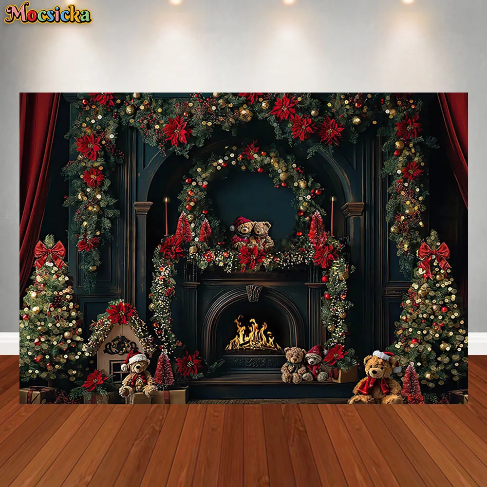 Mocsicka Photography Background Christmas Tree Fireplace Garland Decoration Supplies Family Portrait Photo Backrops Studio Props