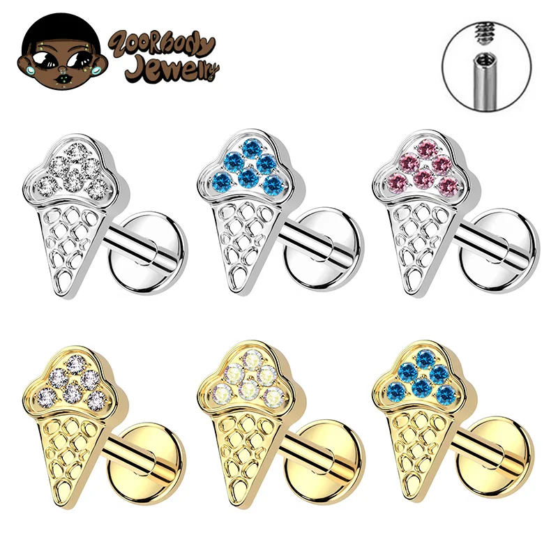 ASTM F136 Titanium Ice Cream CZ Piercing Internal Thread Labret Flat Back Earring Helix Stud Cartilage Anodizing Body Piercing