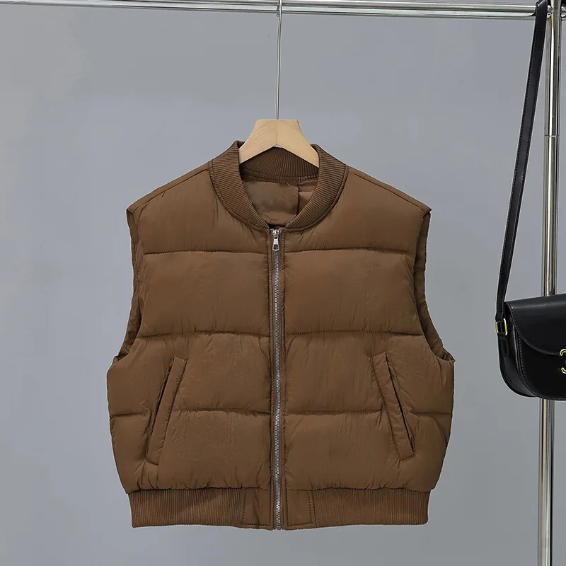 

Short Women's Winter Cotton Vest Solid Round Neck Zipper Sleeveless Female Padded Coat Korean-style Quilted Jacket For Lady