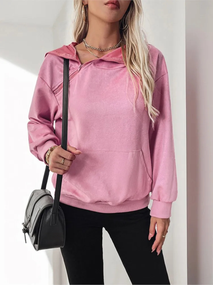 

Winter Clothes Woman Pulls Femmes Sweet Diagonal Zipper Warm Solid Color Hooded Fleece Sweatshirt All-match Loose Simple Style