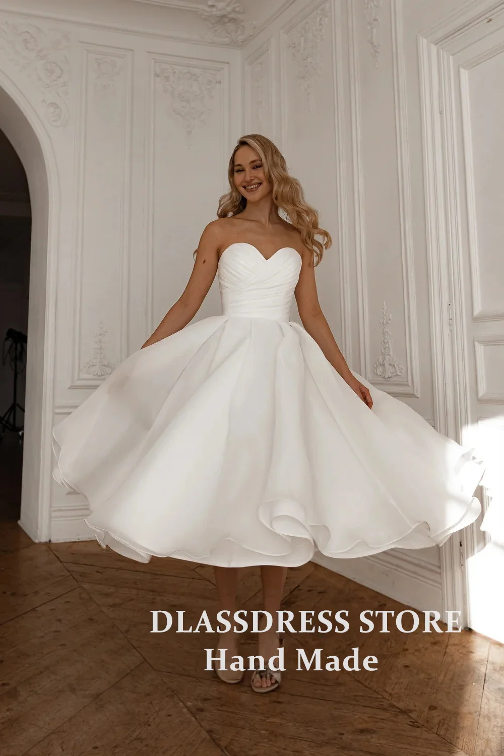 DLASSDRESS Customized Vestidos de Novia Organza Midi Wedding Dresses Sleeveless Sweetheart A-Line Civil Reception Bride Gown