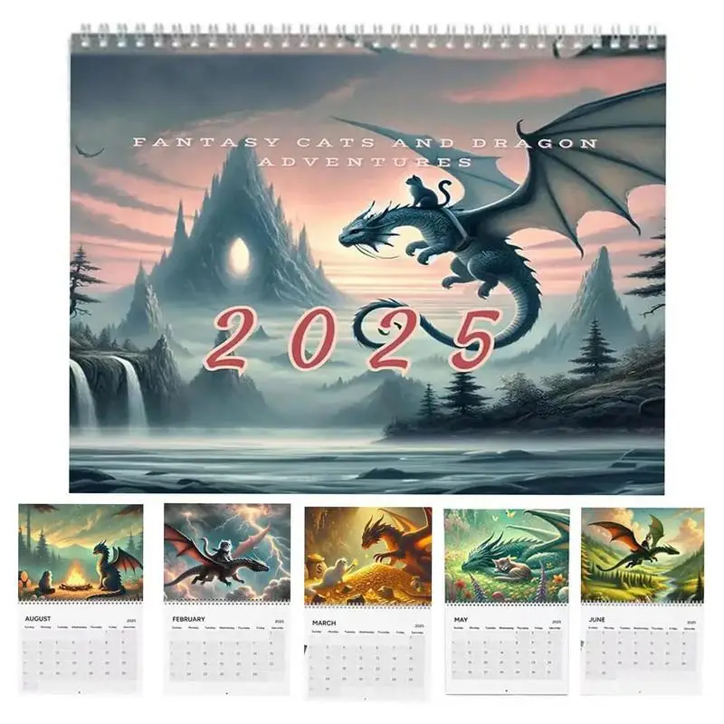 2025 Cat Riding Dragon Calendar 12 months ​Wall Mounted Cat Flying Dragon Calendar Pendant 2025 New Year Family Calendar