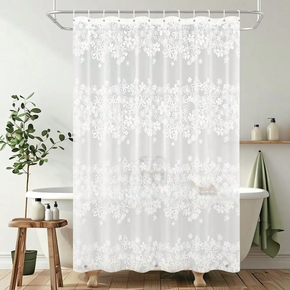 

Shower Curtain, 72 X 72 Water Repellent Premium Bathroom Shower Curtain With 3 Magnetic Weights For Shower Stall, Bathtubs (White Flowers-2)