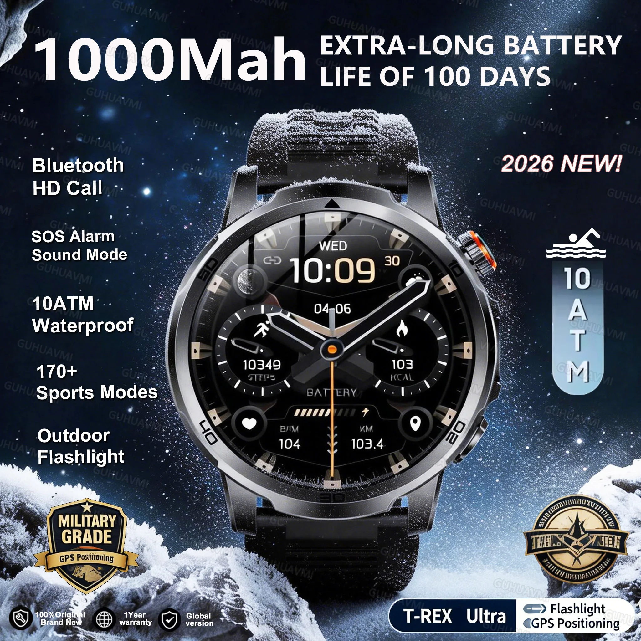 2026New Military Adventure Smartwatch Men 1000mAh big Battery Red White Flashlight 1.85
