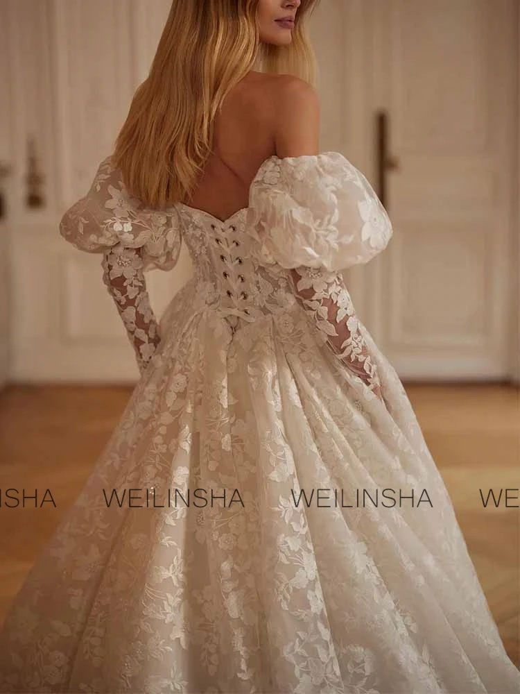 Pastrol Vestidos de invitados de boda Vestidos de fiesta de boda de una línea de encaje Vestido de novia fruncido con cordones y mangas abullonadas con hombros descubiertos de color marfil