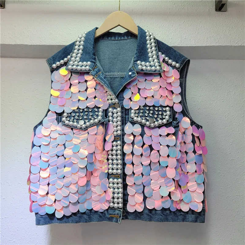 

Fashion Pearl Beaded Lace Stitching Short Denim Vest Summer Women Casual Single-breasted Sleeveless Cowboy Waistcoat Veste Femme