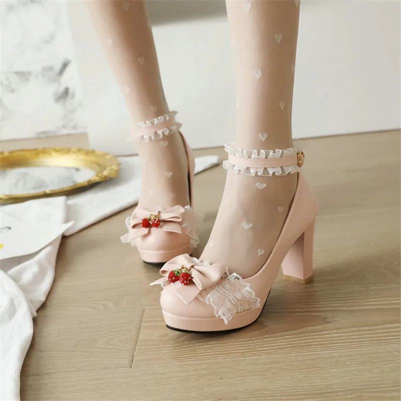 

Size28-48 Girls High Heel Shoes Princess Sandal Fashion Bow Lolita Mary Janes Shoes Female High Heels For Cosplay Party Wedding