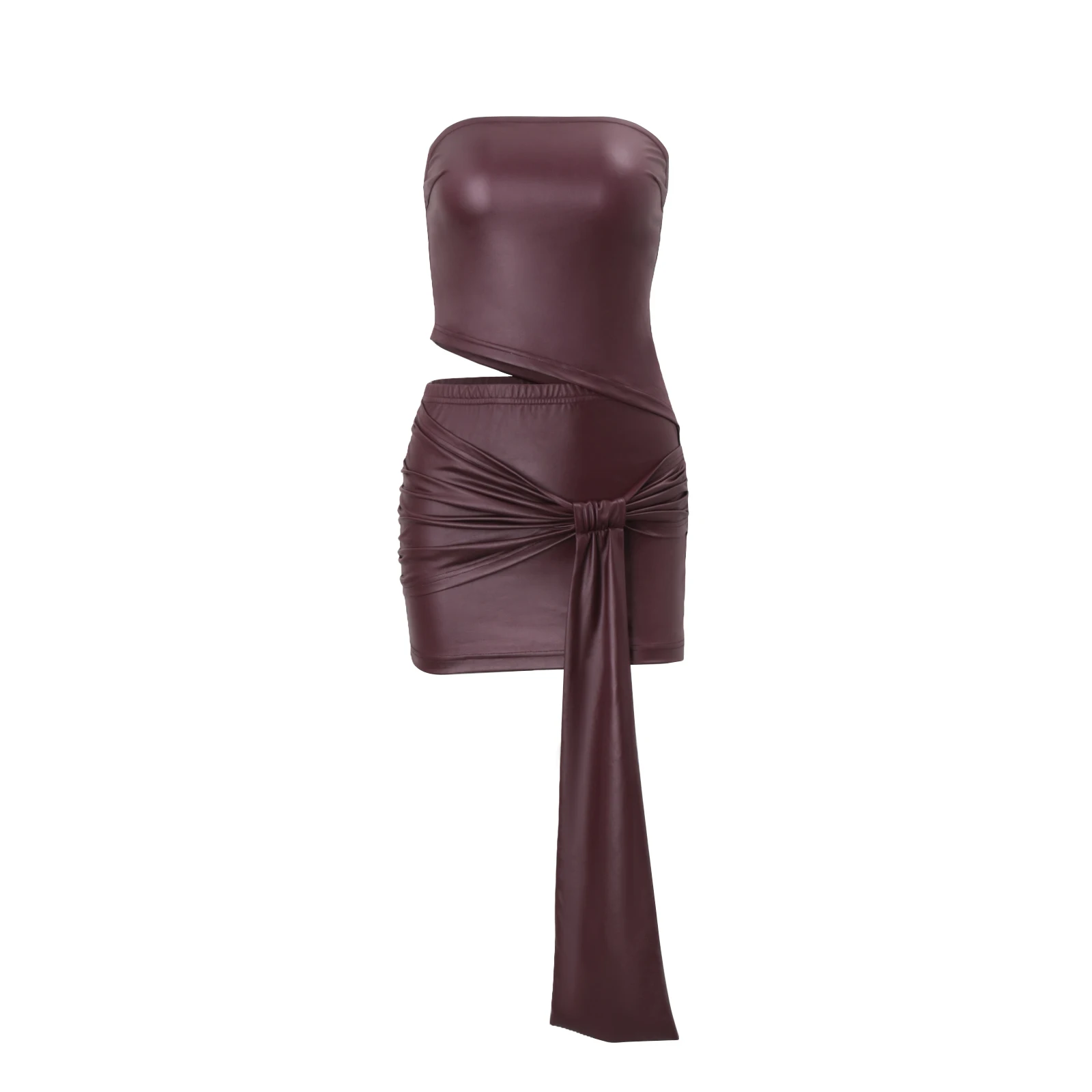 WhereMery Set da 2 pezzi sexy in pelle PU con spalle scoperte e top a tubo irregolare e minigonna increspata con lacci Autunno nuove donne vestito da festa