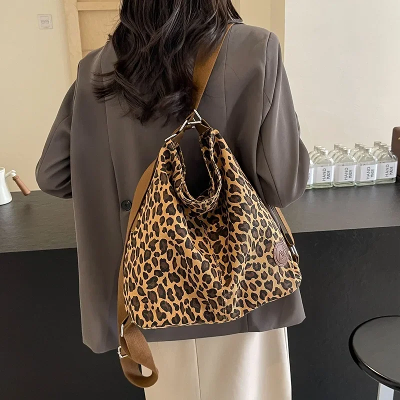 European American Style Niche Leopard Print Canvas Fashion Women\'s Bag New Travel Versatile Backpack Shoulder Messenger Bag