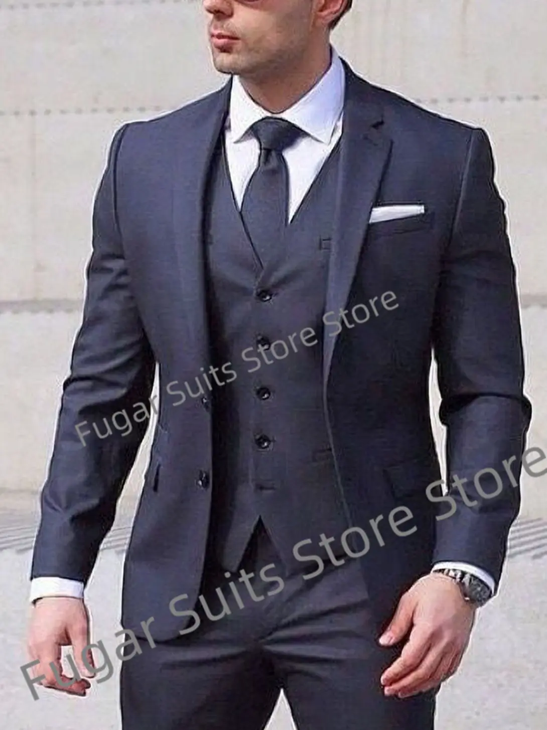 

Business Navy Blue Wedding Suits For Men Slim Fit Formal Groom Tuxedos Prom 3 Pieces Sets Office Wrok Male Blazer Costume Homme