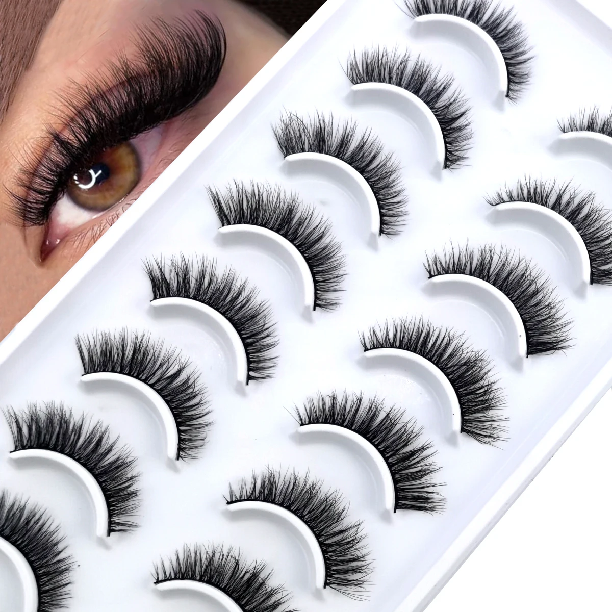 New10pairs 밍크 속눈썹 고양이 속눈썹 푹신한 얇은 볼륨 속눈썹 자연 깃털 효과 경량 유연한 밴드 가짜 속눈썹