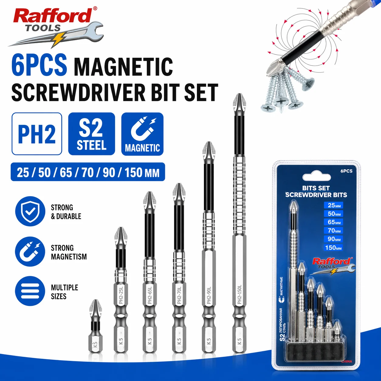 Rafford 12PCS Magnetic PH2 Screwdriver Bit Set, S2 Steel 25–150mm Screwdriver Bits with 1/4
